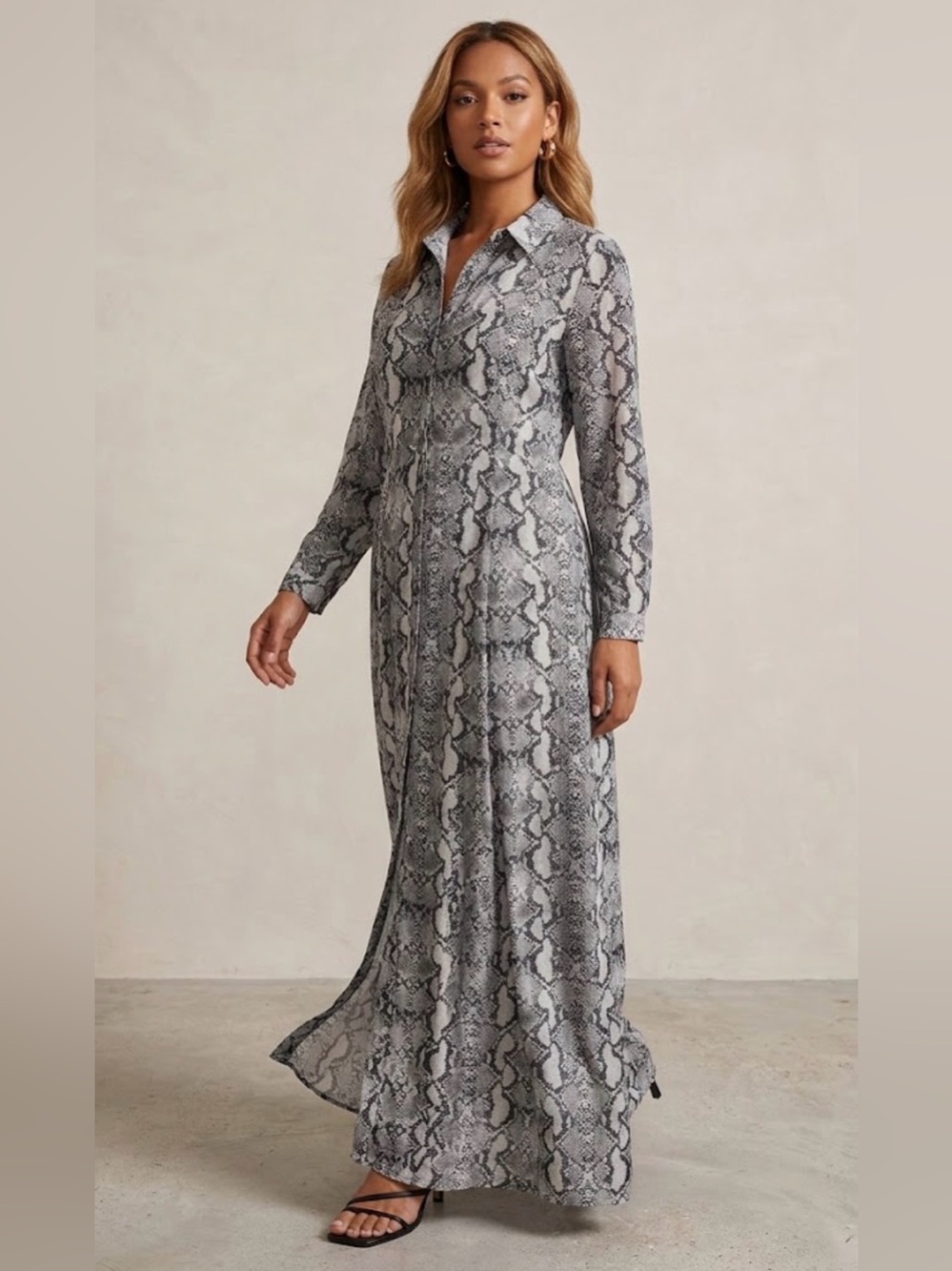 Zara woman’s Snake-Print Maxi Dress in Gray and Black size L